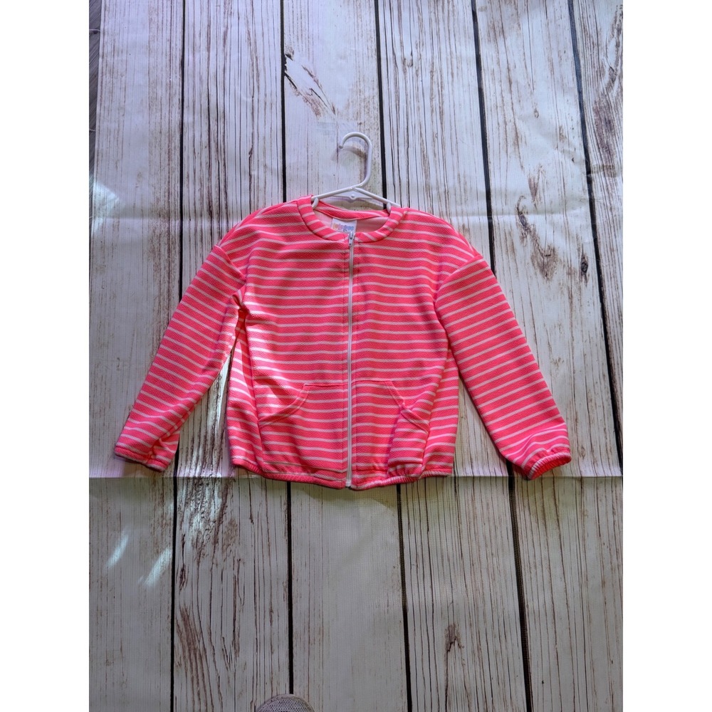 LuLaRoe Girls Neon Pink White Striped Zip Up Jacket Size 8 Textured Lightweight